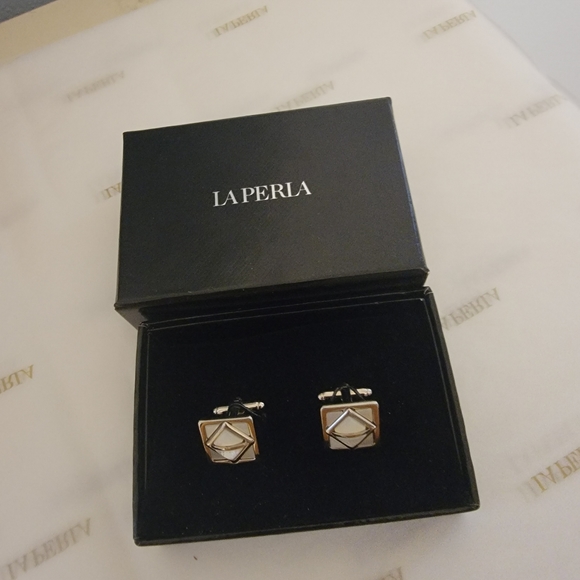 La Perla men's silver square cuff links with mother of pearl geometrical details - Picture 4 of 8